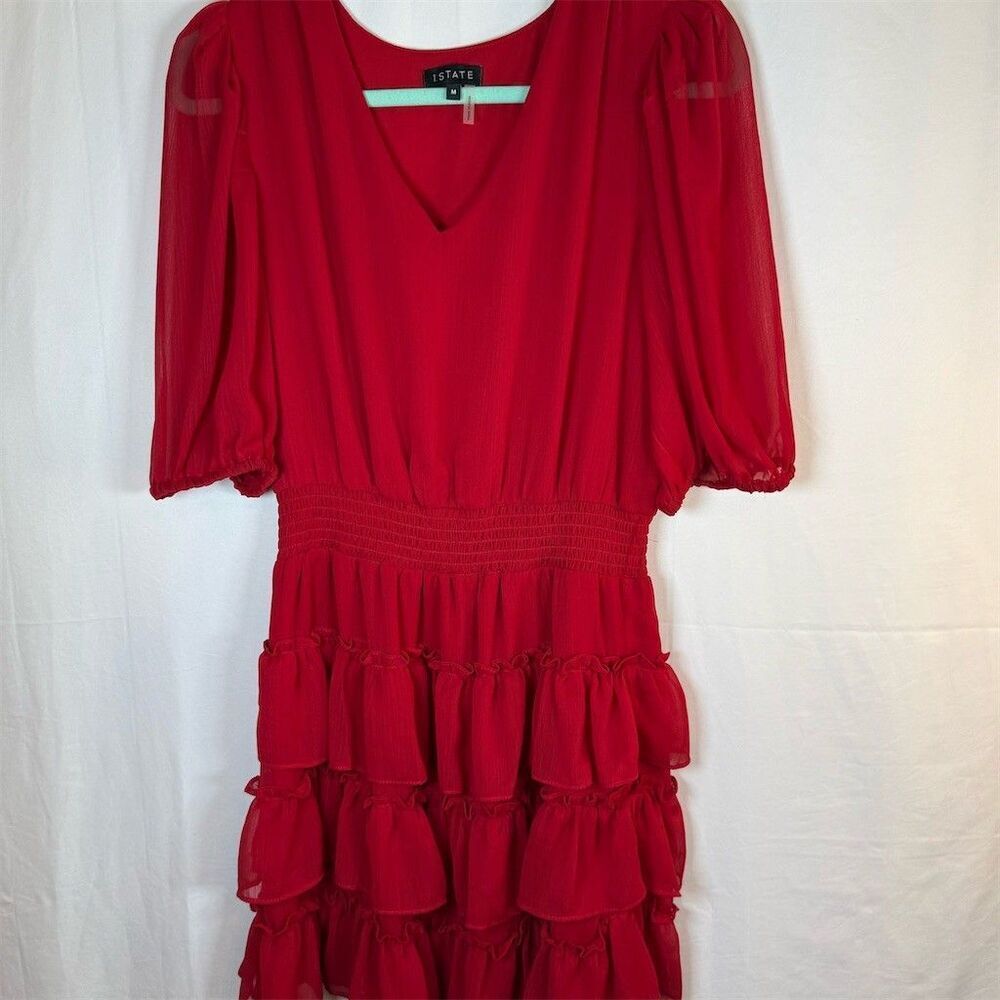 1.STATE Dress Womens M Red V-Neck Tiered Ruffle Midi Party Cocktail